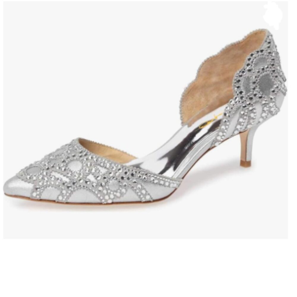 XYD Silver Pumps, Elegant Pointed Toe, D'Orsay Kitten Low Heels, Rhinestone Shoe